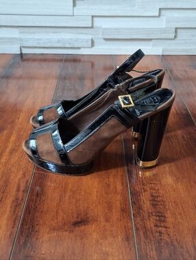 Tory Burch Gemma Platform Heels Brown Suede Black Patent Slingback Sandals 7.5